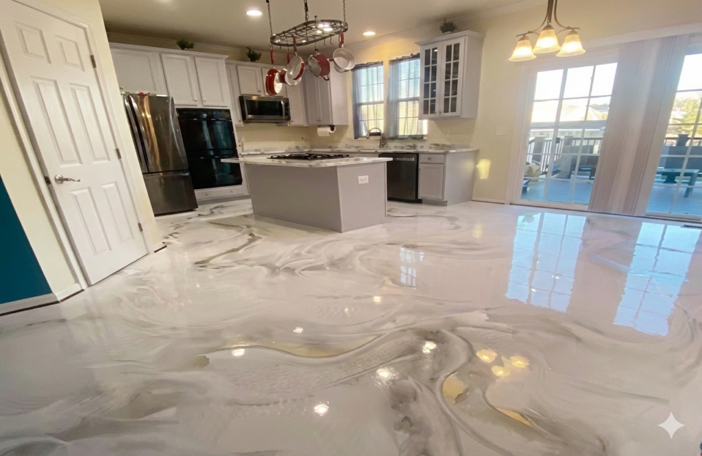 View of a modern home kitchen featuring a seamless, high-gloss custom metallic epoxy floor with a white and swirling silver marble-like finish